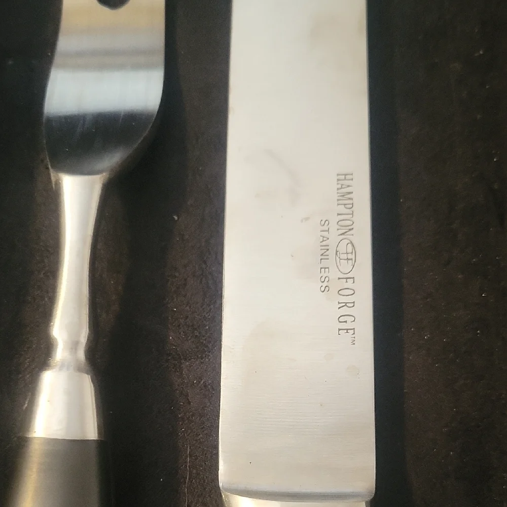 Hampton Forge Stainless Steel Knife Fork Carving Set with Black Handles in box